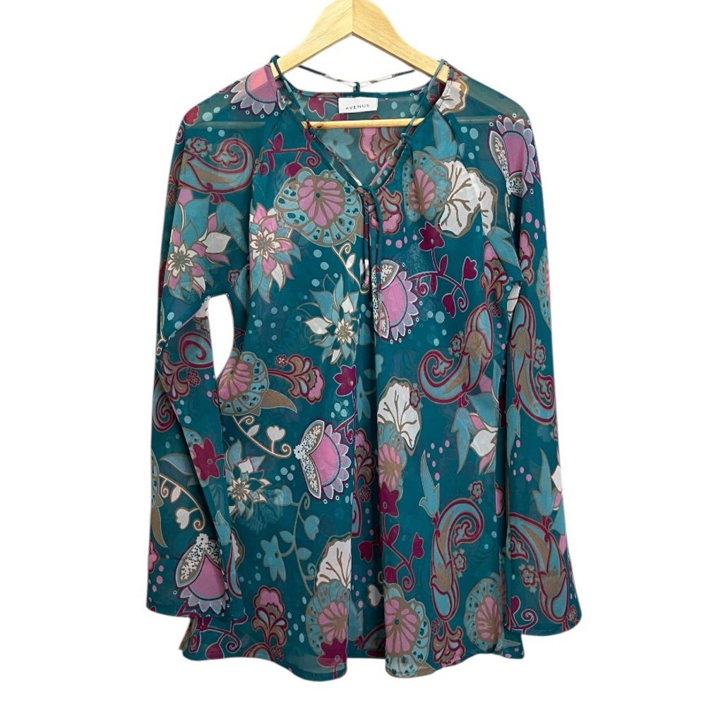 Avenue Green and Blue Graphic Long Sleeve Blouse Women’s